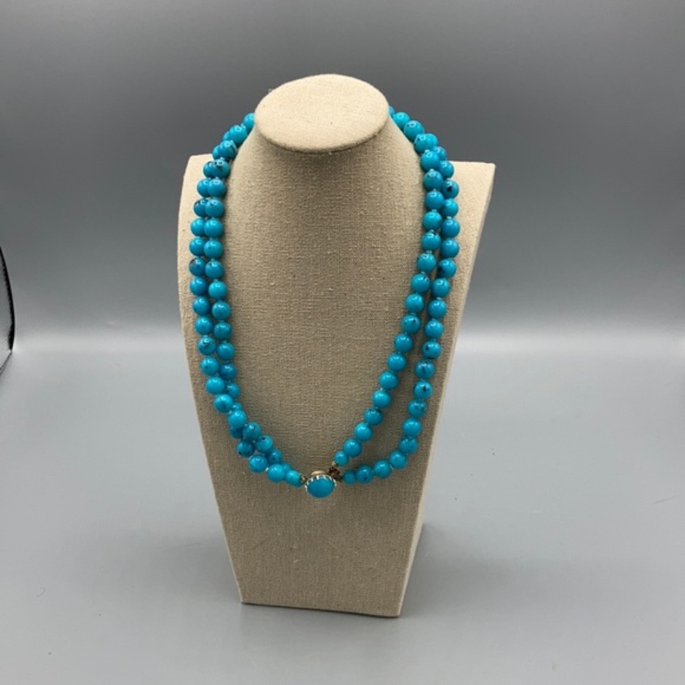 Double Strand Blue Beads with black highlighting and silvertone clasp necklace